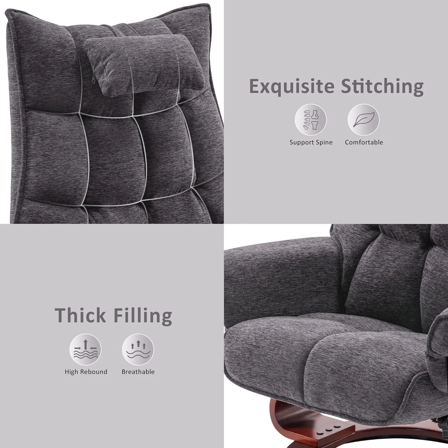 MCombo Swivel Recliner with Ottoman, TV Chair Sets with Vibration Massage, Ideal for Small Space, Living Room & Bedroom 4188 4605 (Brown Base, Grey)