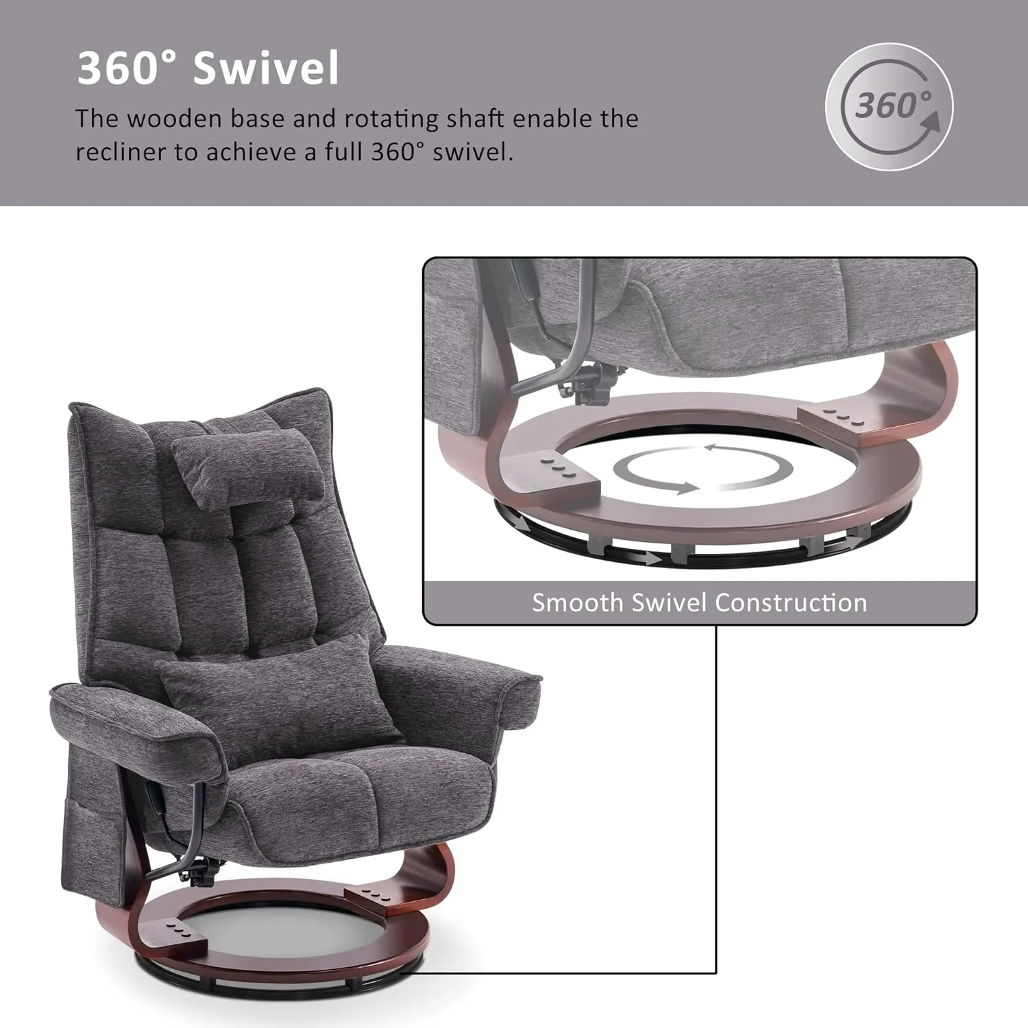 MCombo Swivel Recliner with Ottoman, TV Chair Sets with Vibration Massage, Ideal for Small Space, Living Room & Bedroom 4188 4605 (Brown Base, Grey)