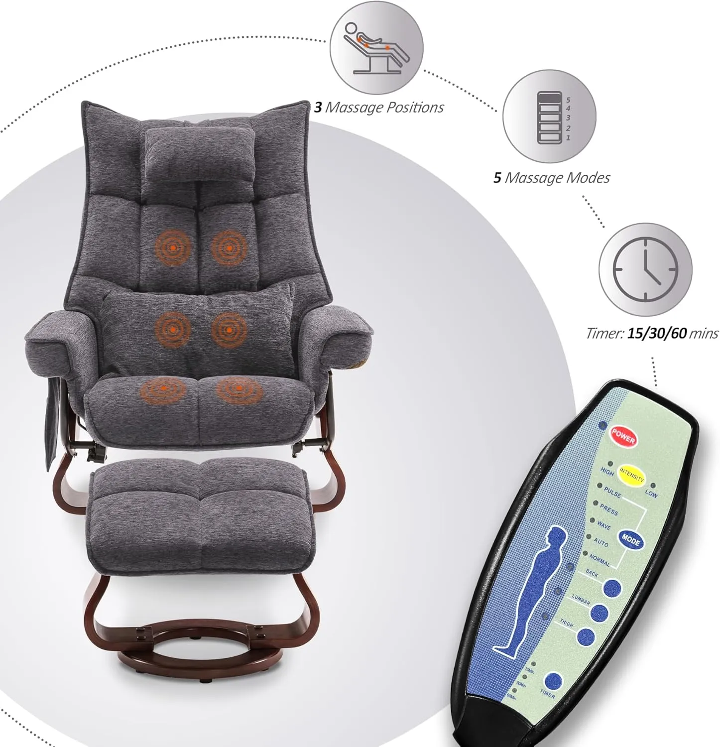 MCombo Swivel Recliner with Ottoman, TV Chair Sets with Vibration Massage, Ideal for Small Space, Living Room & Bedroom 4188 4605 (Brown Base, Grey)