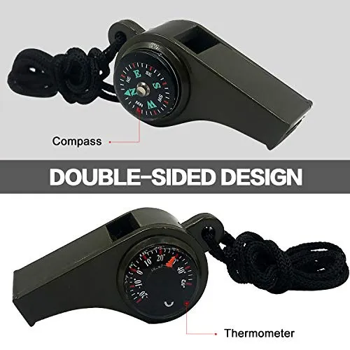 MeiNvShe 2 Pack Emergency Survival Whistle, 3-in-1 Emergency Whistles with Compass and Thermometer, Loud Safety Whistle with Lanyard for Outdoor Hiking (Green)