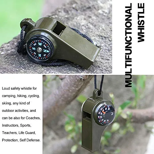 MeiNvShe 2 Pack Emergency Survival Whistle, 3-in-1 Emergency Whistles with Compass and Thermometer, Loud Safety Whistle with Lanyard for Outdoor Hiking (Green)