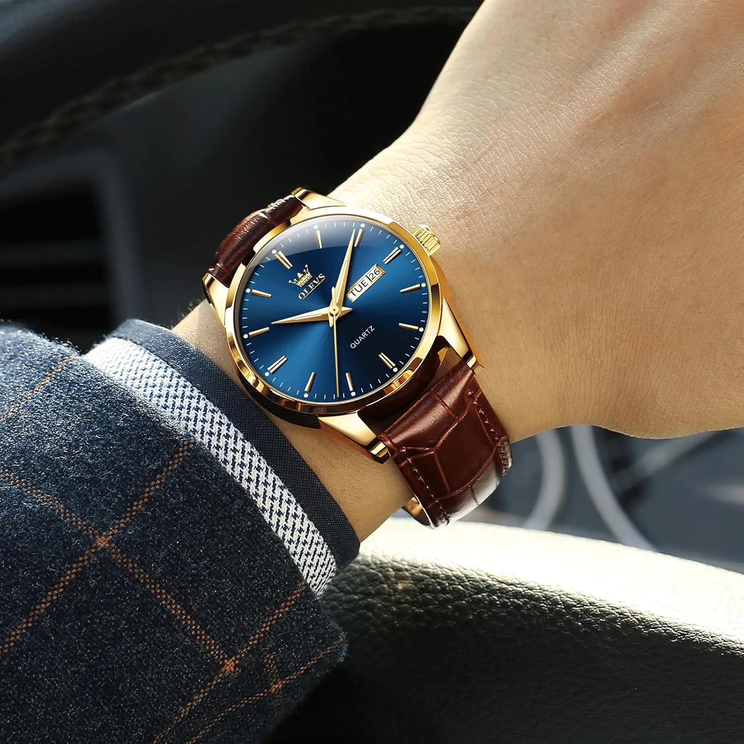 Men's Casual Leather Watch, Easy to Read Three-Hand Analog Stainless Steel Watches for Men, Minimalist Day Date Waterproof Luminous Mens Quartz Wristwatch