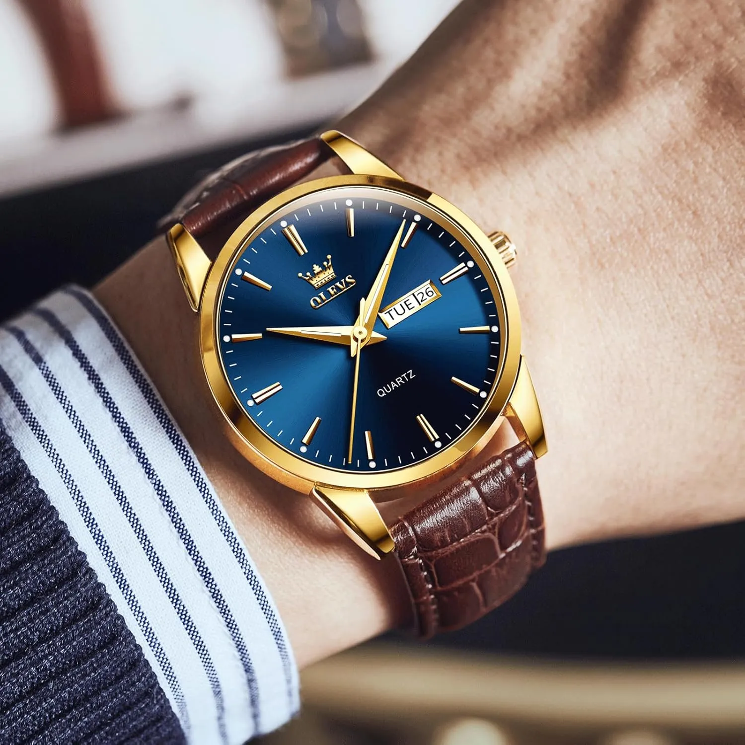Men's Casual Leather Watch, Easy to Read Three-Hand Analog Stainless Steel Watches for Men, Minimalist Day Date Waterproof Luminous Mens Quartz Wristwatch
