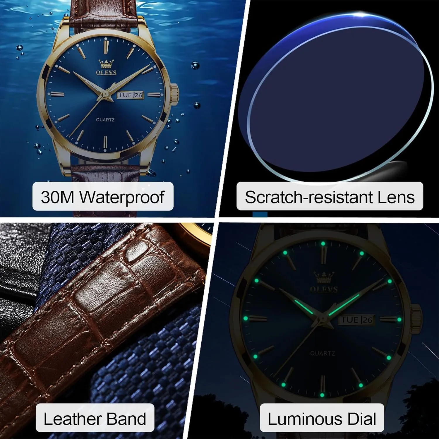 Men's Casual Leather Watch, Easy to Read Three-Hand Analog Stainless Steel Watches for Men, Minimalist Day Date Waterproof Luminous Mens Quartz Wristwatch