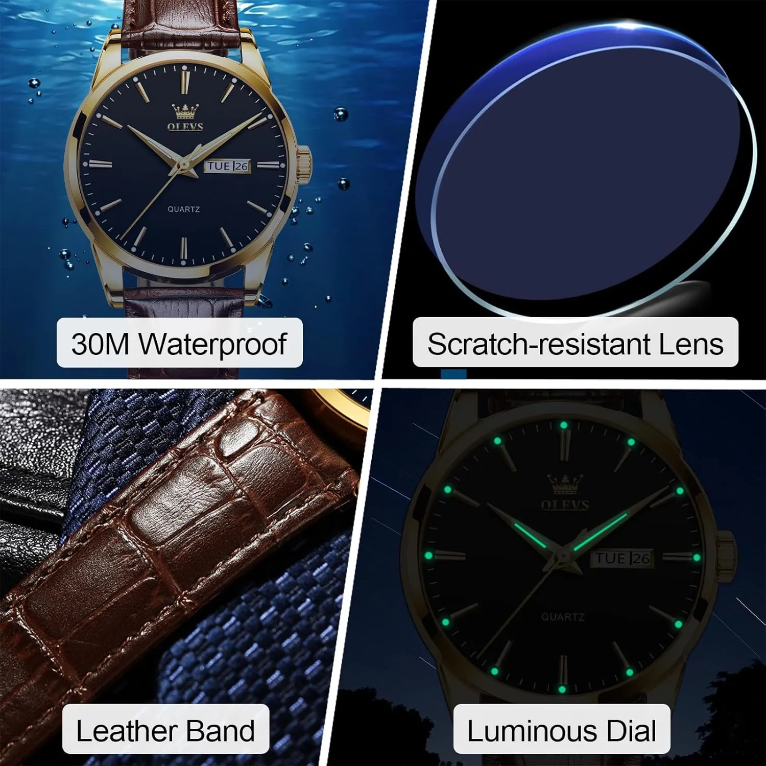 Men's Casual Leather Watch, Easy to Read Three-Hand Analog Stainless Steel Watches for Men, Minimalist Day Date Waterproof Luminous Mens Quartz Wristwatch