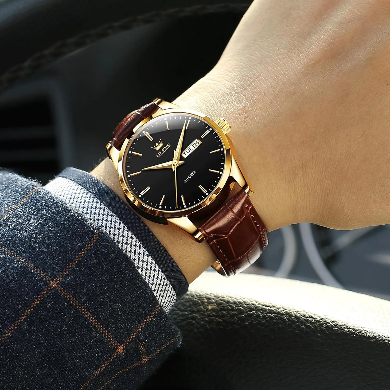 Men's Casual Leather Watch, Easy to Read Three-Hand Analog Stainless Steel Watches for Men, Minimalist Day Date Waterproof Luminous Mens Quartz Wristwatch
