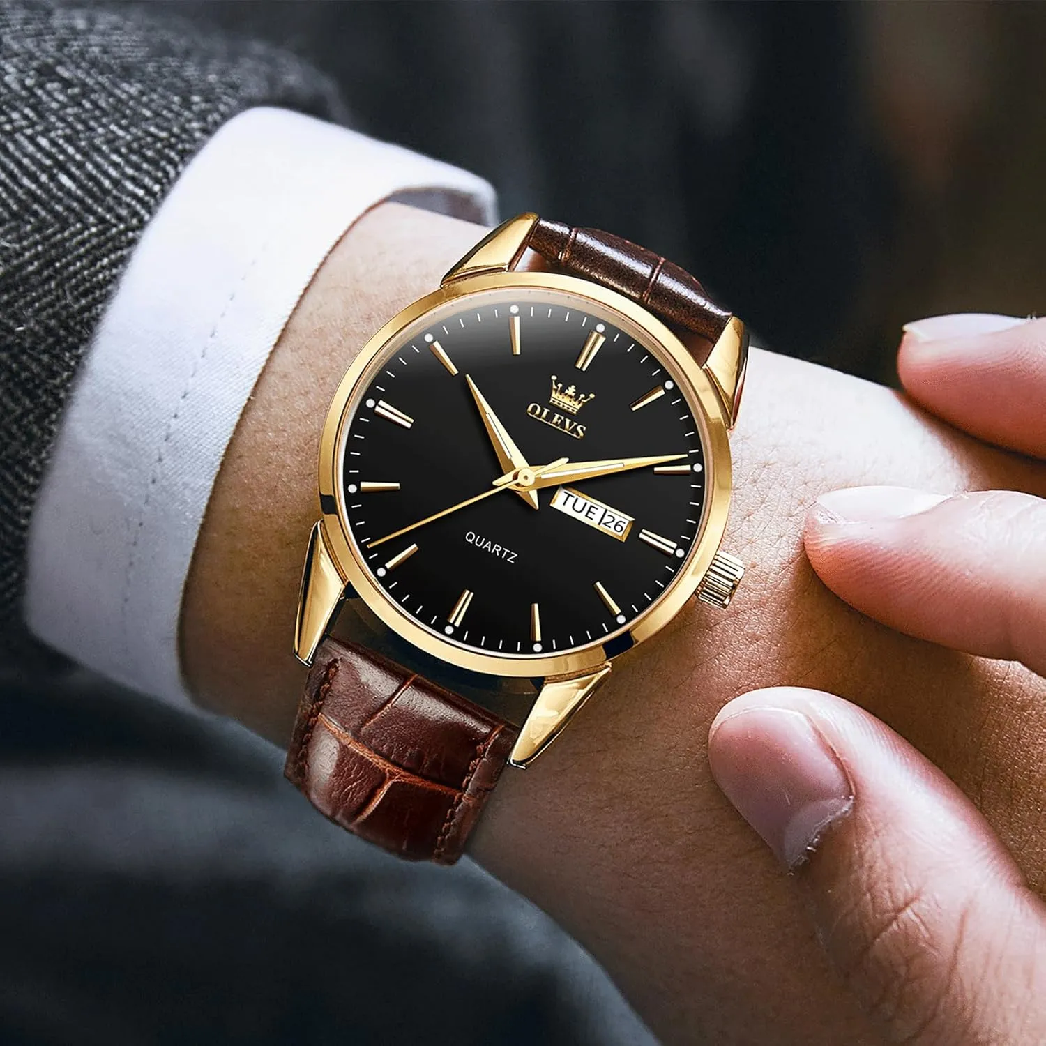 Men's Casual Leather Watch, Easy to Read Three-Hand Analog Stainless Steel Watches for Men, Minimalist Day Date Waterproof Luminous Mens Quartz Wristwatch