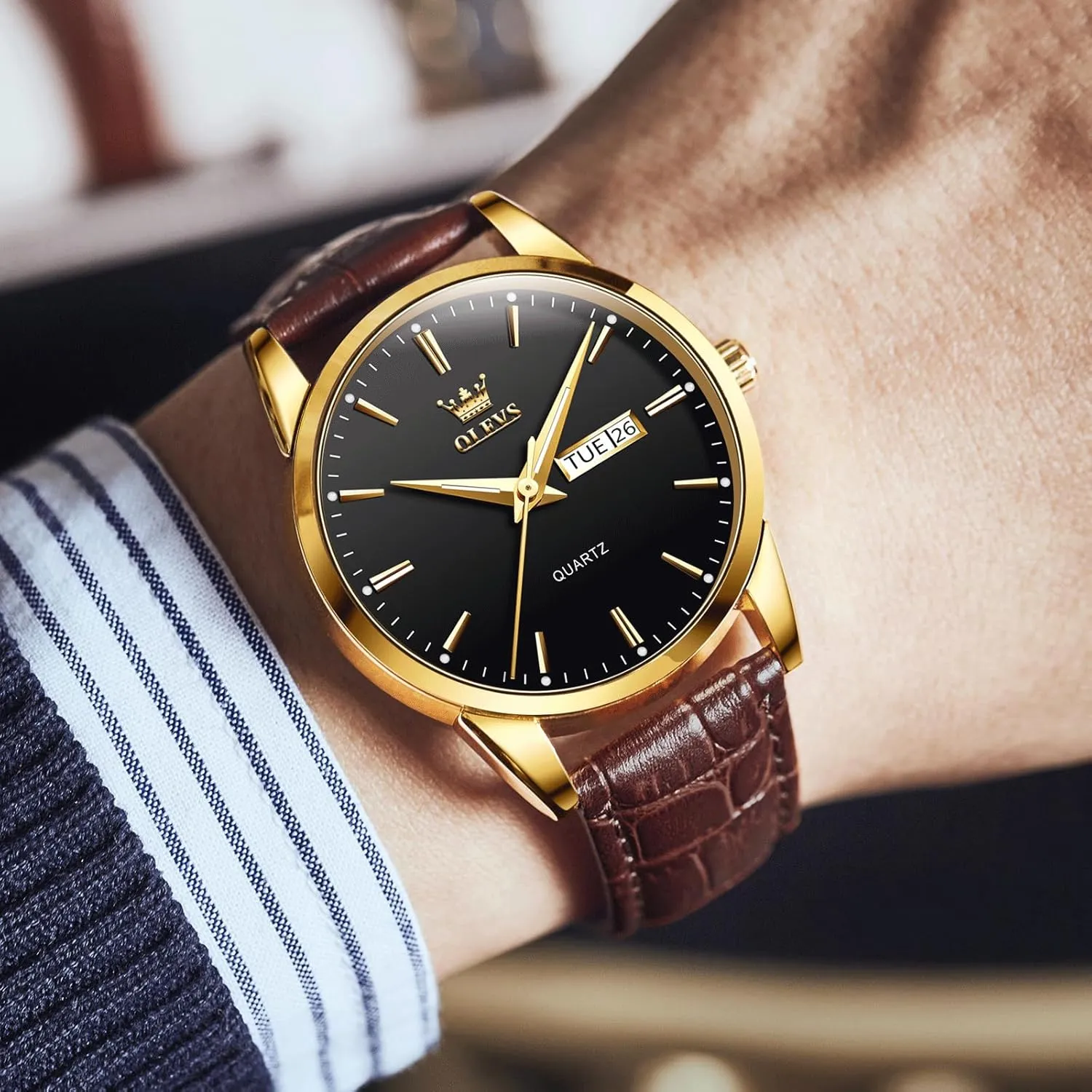 Men's Casual Leather Watch, Easy to Read Three-Hand Analog Stainless Steel Watches for Men, Minimalist Day Date Waterproof Luminous Mens Quartz Wristwatch