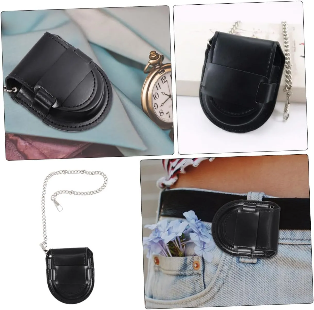 Mens Jewellery Box 4pcs Pocket Watch Storage Leather Case Pocket Watch Chains Watch Strap Holder Watch Holder Watch Pouch Pocket Watch Fob Watch Bag Pocket Watch Case Watch Storage Case Black Metal