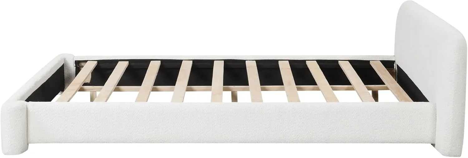Merax King Size Thick Bouce Fabric Upholstered Platform Bed with Curved Shaped Headboard, Wood Bed Frame for Kids Teens Adults, White