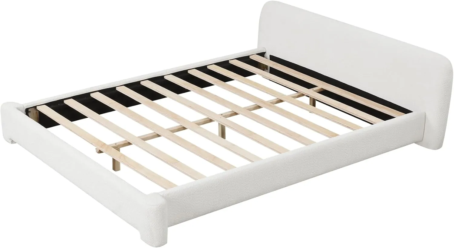 Merax King Size Thick Bouce Fabric Upholstered Platform Bed with Curved Shaped Headboard, Wood Bed Frame for Kids Teens Adults, White