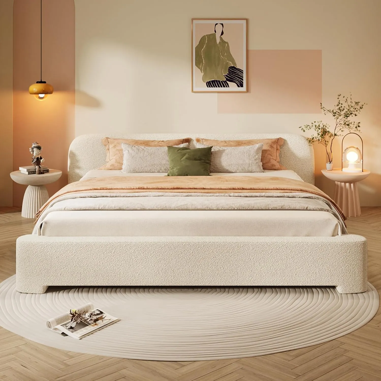 Merax King Size Thick Bouce Fabric Upholstered Platform Bed with Curved Shaped Headboard, Wood Bed Frame for Kids Teens Adults, White