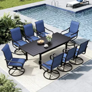 MFSTUDIO 9-Piece Metal Outdoor Patio Dining Furniture Set with 6 Padded Sling Swivel Chairs and 1 Expandable Outdoor Dining Rectangle Table, Blue