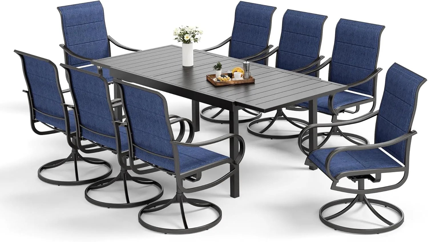MFSTUDIO 9-Piece Metal Outdoor Patio Dining Furniture Set with 6 Padded Sling Swivel Chairs and 1 Expandable Outdoor Dining Rectangle Table, Blue