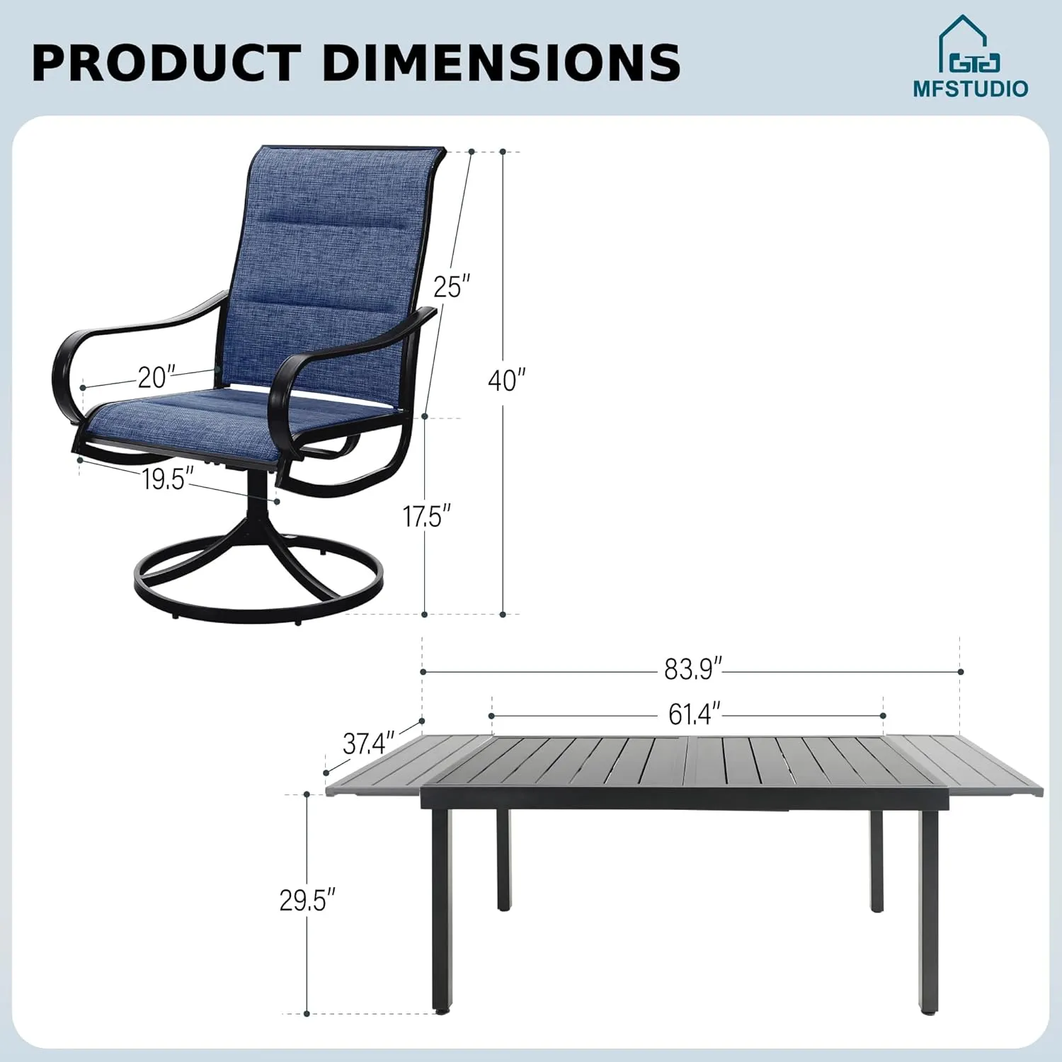 MFSTUDIO 9-Piece Metal Outdoor Patio Dining Furniture Set with 6 Padded Sling Swivel Chairs and 1 Expandable Outdoor Dining Rectangle Table, Blue