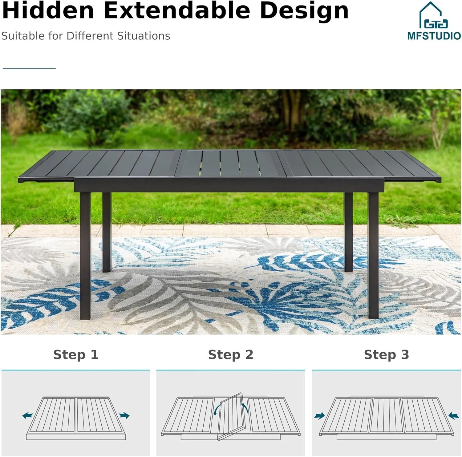 MFSTUDIO 9-Piece Metal Outdoor Patio Dining Furniture Set with 6 Padded Sling Swivel Chairs and 1 Expandable Outdoor Dining Rectangle Table, Blue