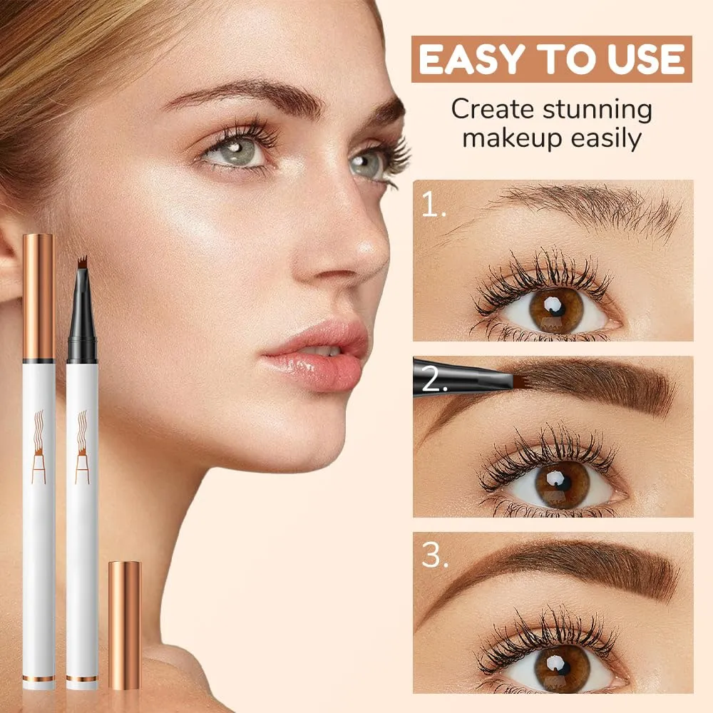 Microblading Eyebrow Pencil 2PCS, 2025 New 3D Waterproof Eyebrow Microblading Pen 4 Fork Tip, Magic Eyebrow Pencil Makeup Long-Lasting Eyebrow Pencils with Micro Fork Tip (Light Brown)