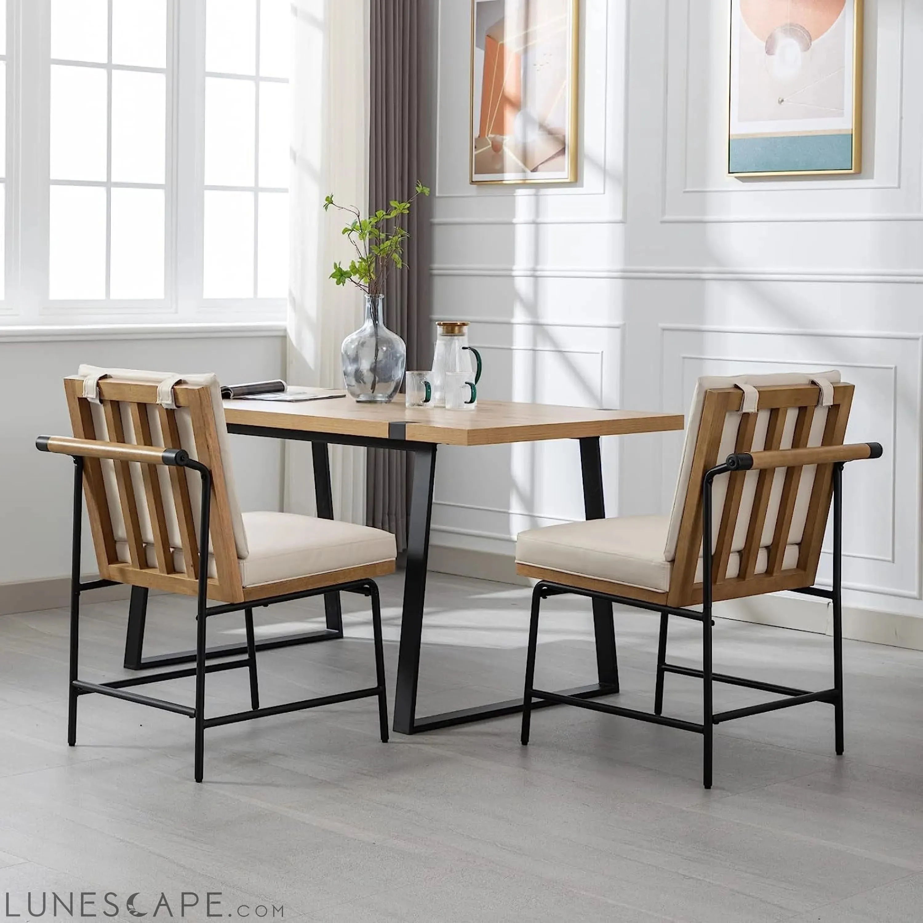 Mid Century Leather Dining Chairs Set of 2 in Beige