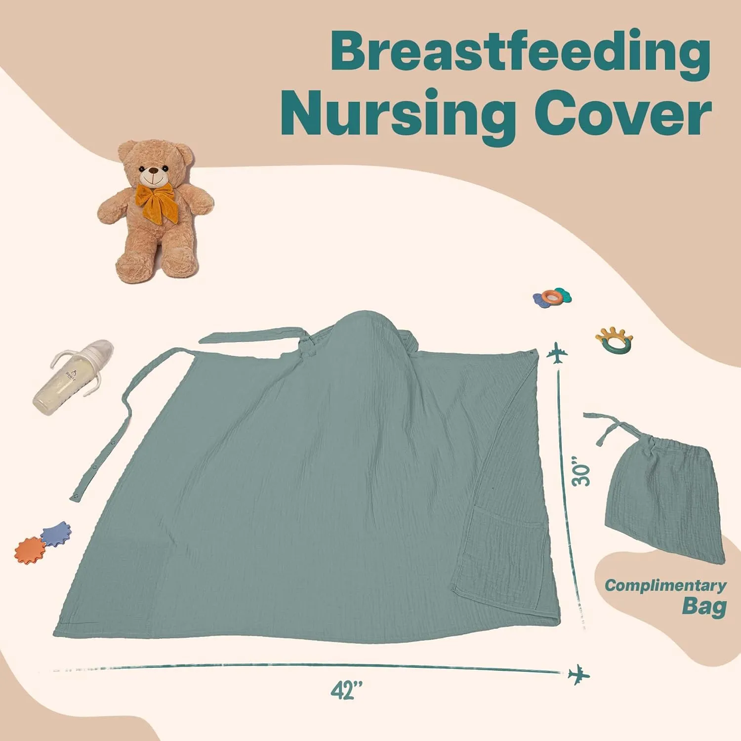 Miflor Muslin Nursing Cover - Large 42x30 Inches Nursing Cover Up for Breastfeeding | Breast Feeding Covers for Women with 2 Pockets, Carry Bag, Muslin Cotton, Stylish & Comfortable Design