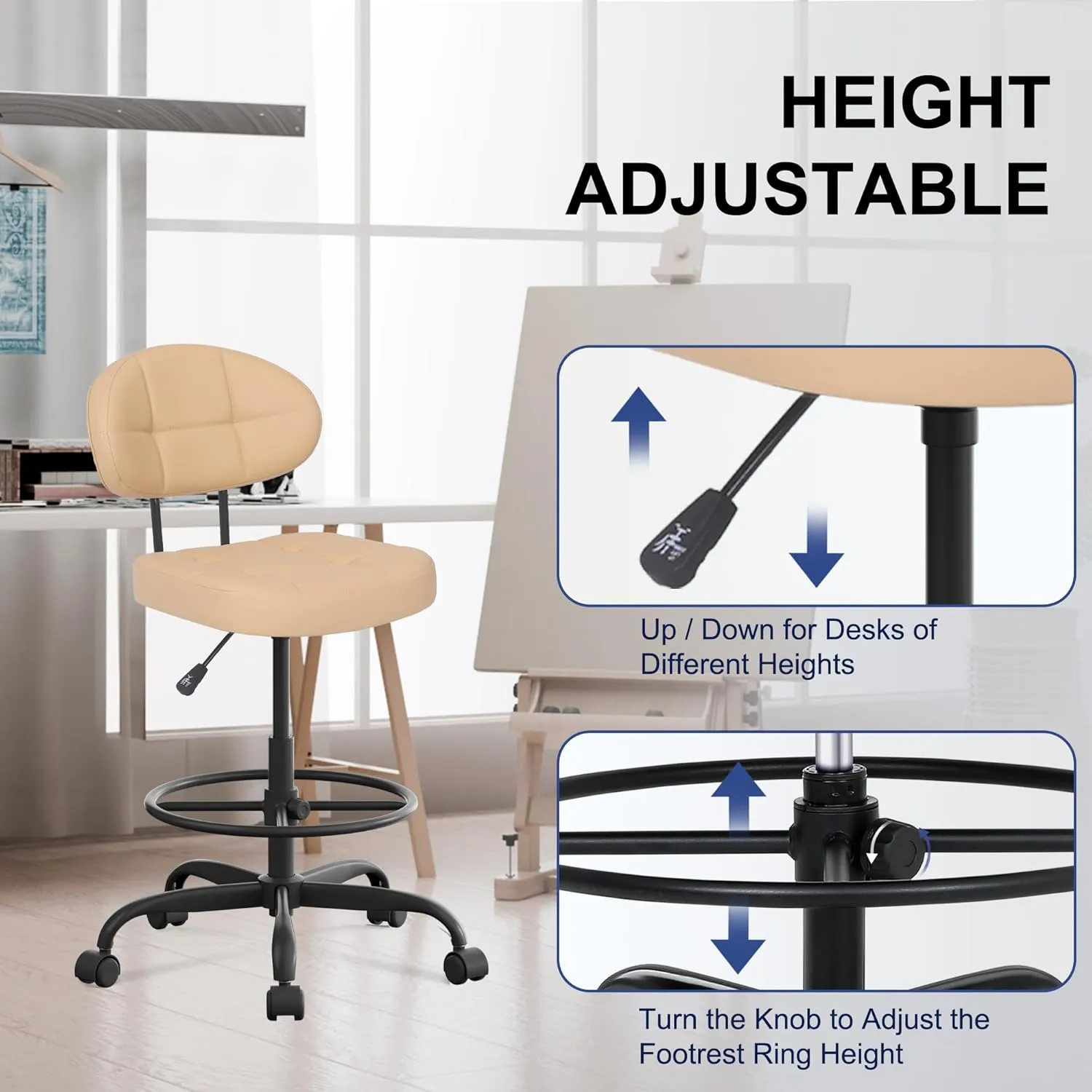 Misolant Drafting Chair Without Arms, Tall Office Chair with Footrest Ring for Standing Desk, Small Faux Leather Executive Office Chair with Adjustable Height for Bar Lab Counter Height Desk, Khaki