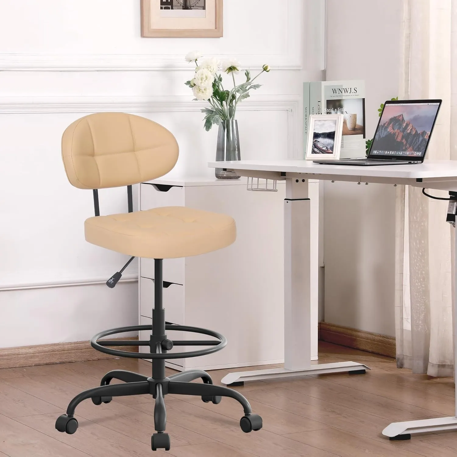 Misolant Drafting Chair Without Arms, Tall Office Chair with Footrest Ring for Standing Desk, Small Faux Leather Executive Office Chair with Adjustable Height for Bar Lab Counter Height Desk, Khaki