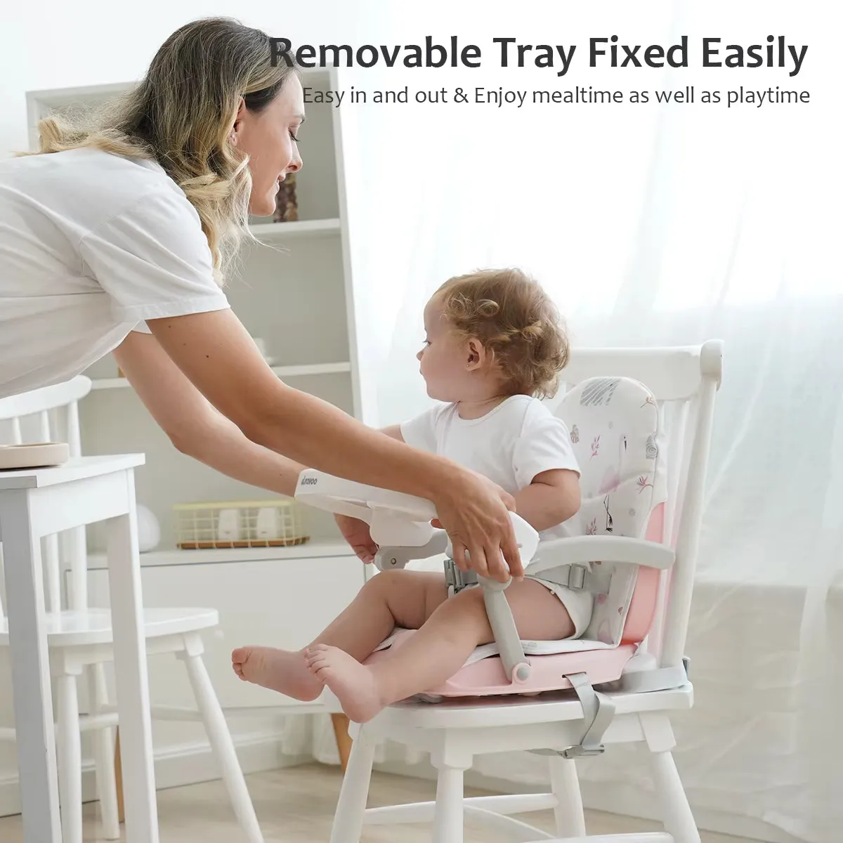 Modern Baby Booster Seat for Dining Home Travel Table with Removable Tray & Cushion