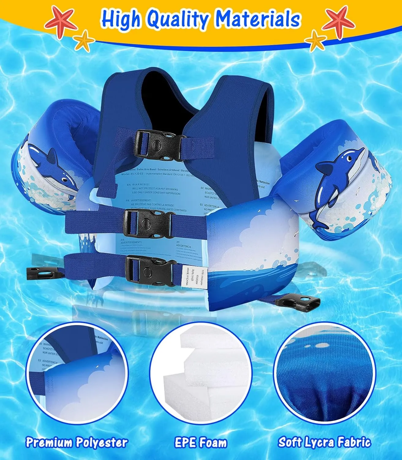 MoKo Toddler Swim Vest for Kids, Swim Arm Floaties Cartoon Swimming Water Wings with Crotch Strap, Pool Float Vests Sleeves Shoulder Straps Arm Band for Children