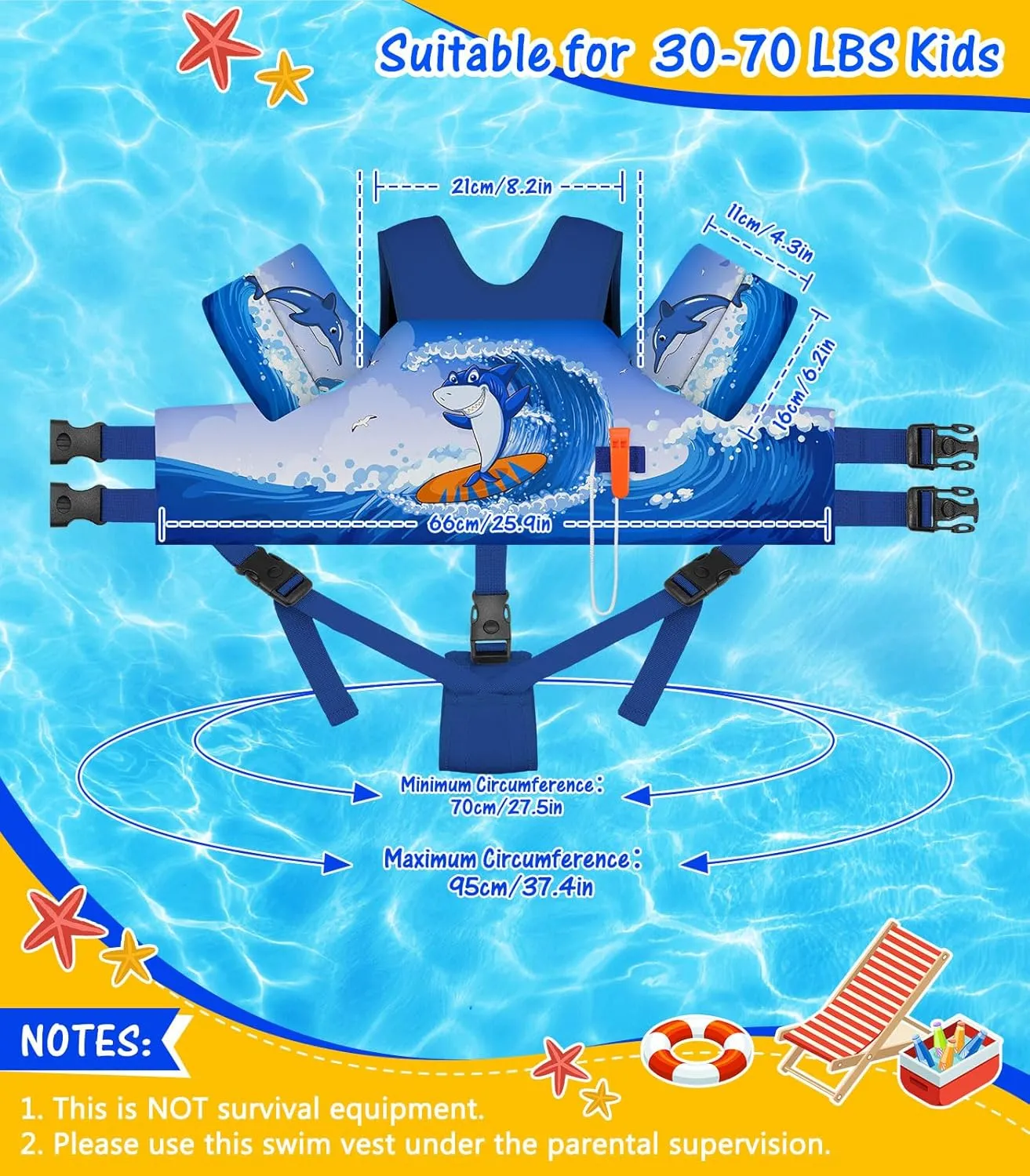 MoKo Toddler Swim Vest for Kids, Swim Arm Floaties Cartoon Swimming Water Wings with Crotch Strap, Pool Float Vests Sleeves Shoulder Straps Arm Band for Children