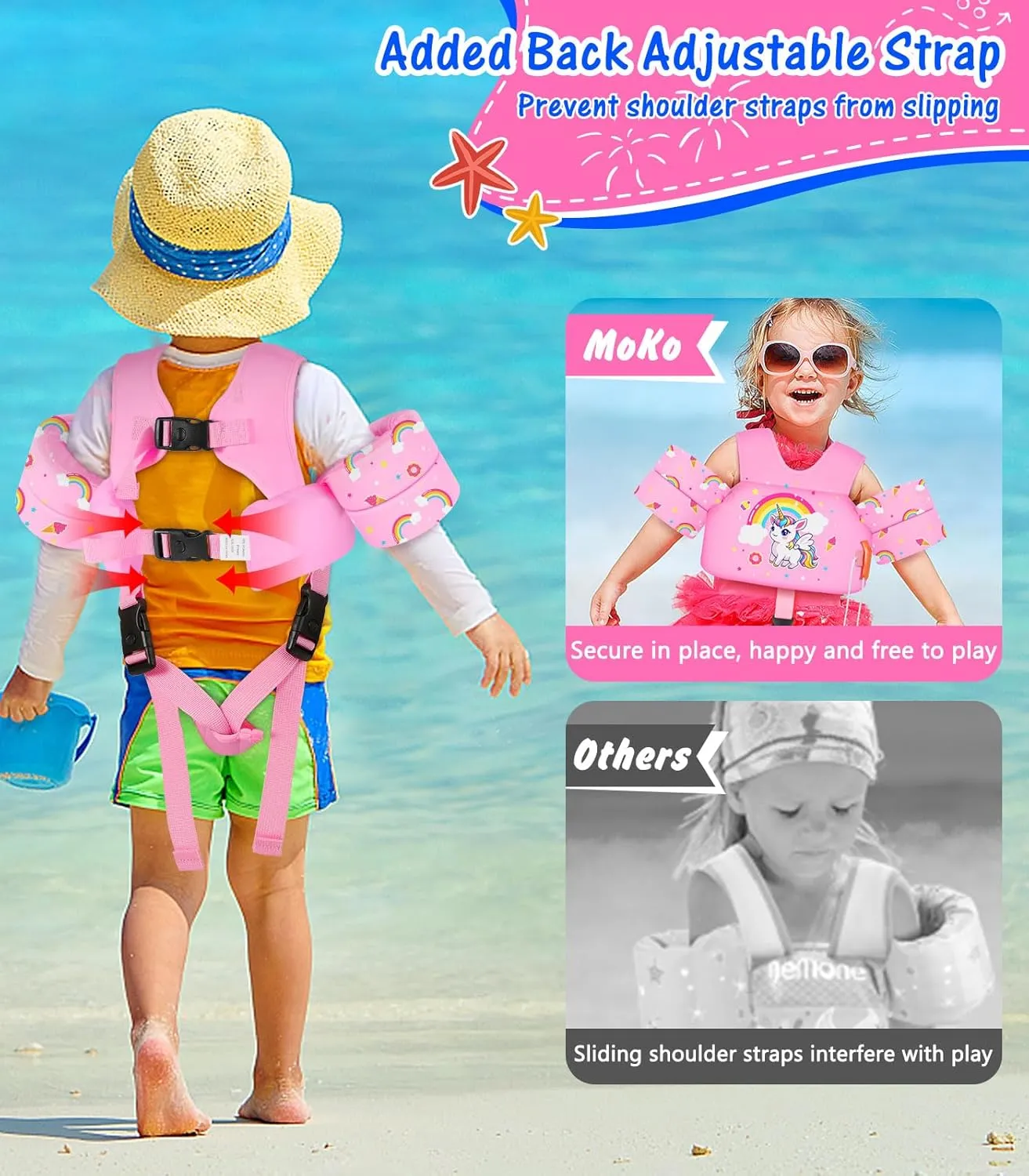 MoKo Toddler Swim Vest for Kids, Swim Arm Floaties Cartoon Swimming Water Wings with Crotch Strap, Pool Float Vests Sleeves Shoulder Straps Arm Band for Children