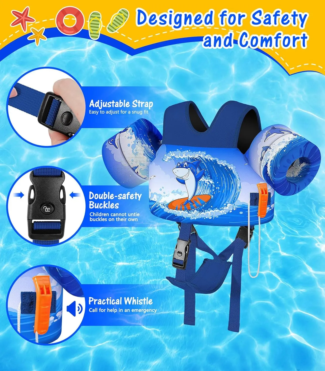 MoKo Toddler Swim Vest for Kids, Swim Arm Floaties Cartoon Swimming Water Wings with Crotch Strap, Pool Float Vests Sleeves Shoulder Straps Arm Band for Children