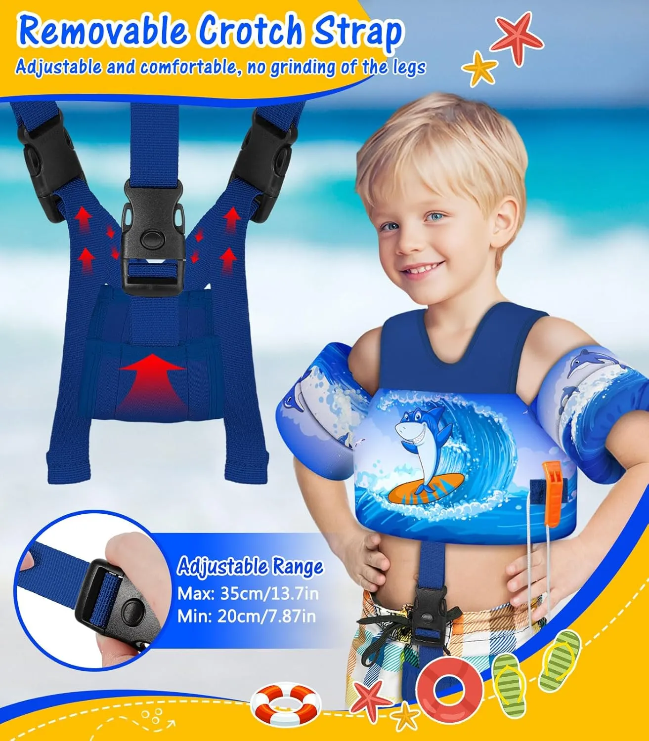 MoKo Toddler Swim Vest for Kids, Swim Arm Floaties Cartoon Swimming Water Wings with Crotch Strap, Pool Float Vests Sleeves Shoulder Straps Arm Band for Children