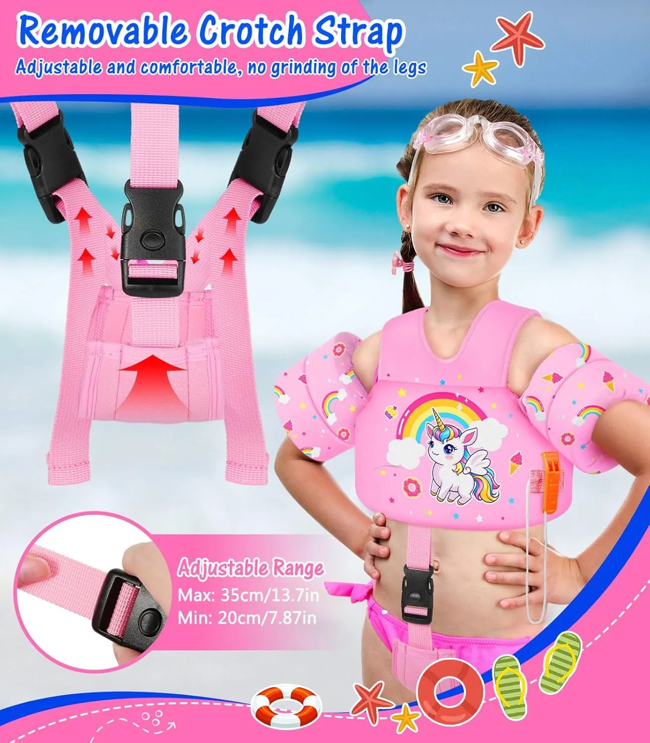 MoKo Toddler Swim Vest for Kids, Swim Arm Floaties Cartoon Swimming Water Wings with Crotch Strap, Pool Float Vests Sleeves Shoulder Straps Arm Band for Children