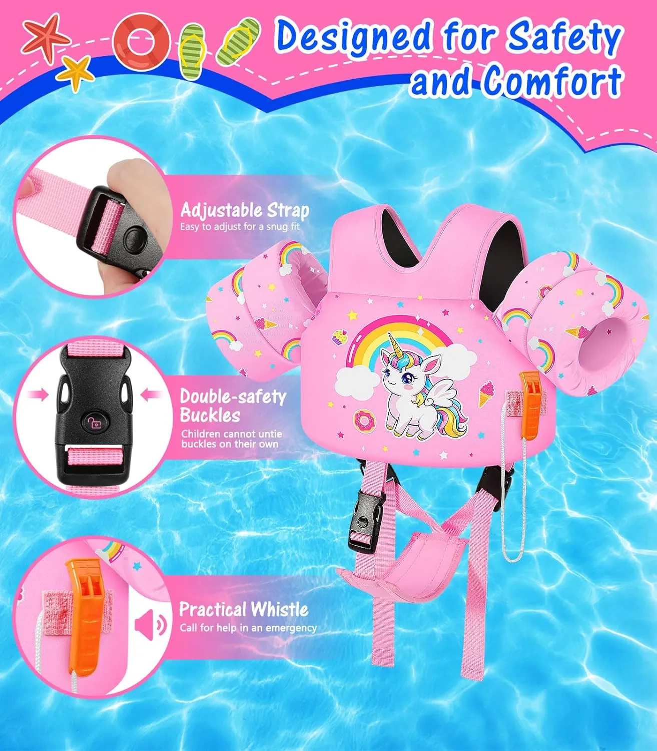 MoKo Toddler Swim Vest for Kids, Swim Arm Floaties Cartoon Swimming Water Wings with Crotch Strap, Pool Float Vests Sleeves Shoulder Straps Arm Band for Children