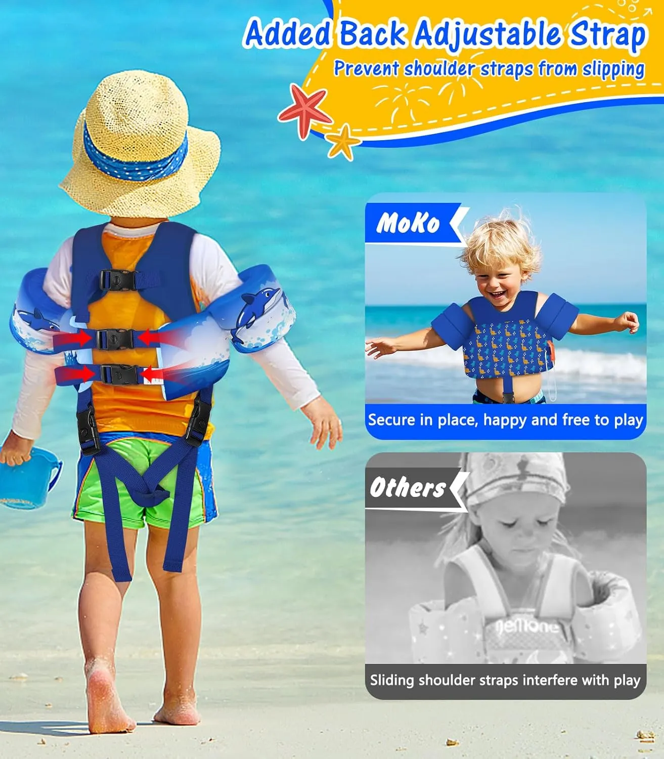 MoKo Toddler Swim Vest for Kids, Swim Arm Floaties Cartoon Swimming Water Wings with Crotch Strap, Pool Float Vests Sleeves Shoulder Straps Arm Band for Children