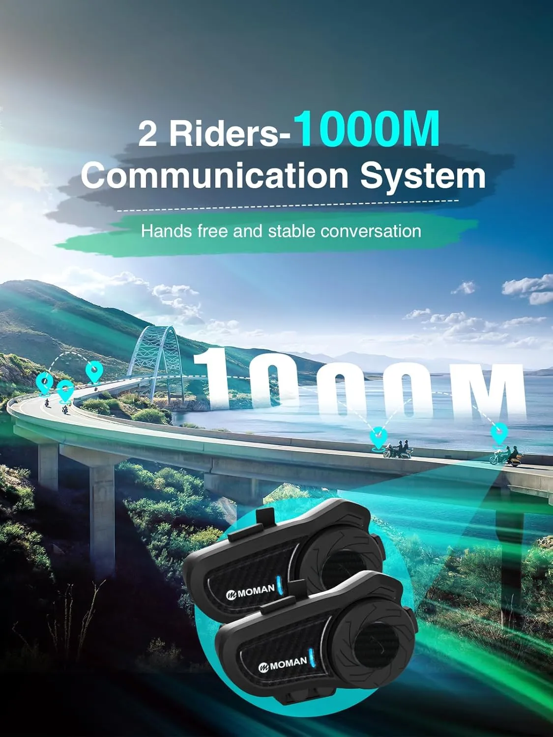 Moman Motorcycle Intercom, H2 Pro【2 Pack Carbon】 Helmet Headset Wireless Communication System to 1000M with DSP&CVC Noise Cancellation IP65 Waterproof FM, Motorcycle-Intercom-Headset-Helmet-Motobike