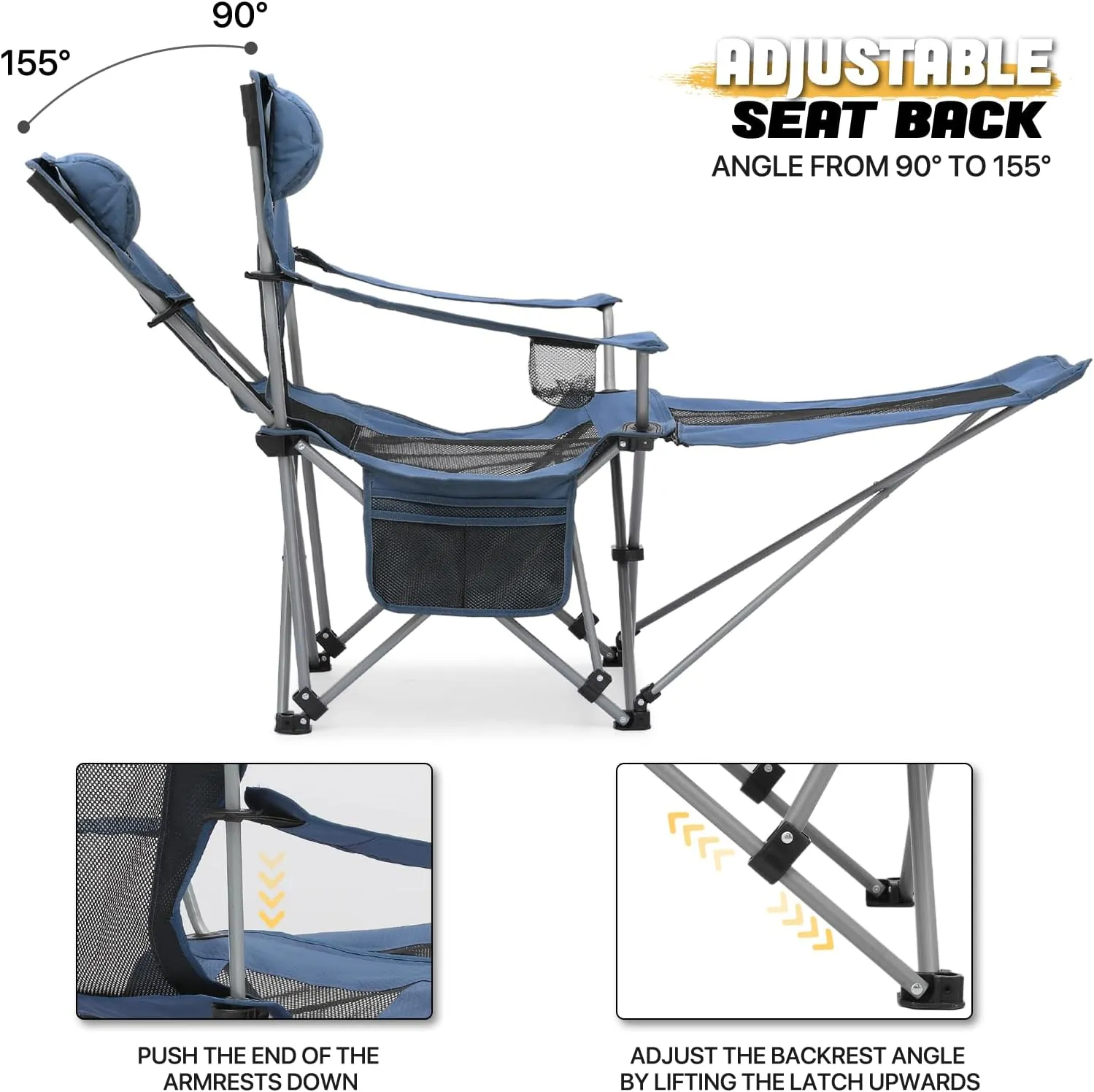 MoNiBloom Portable Folding Reclining Camping Chair with Foot Rest for Adults Outdoor Beach Hiking Fishing Lounge Recliner Mesh Camp Chair with Headrest Footrest Cup Holder Side Pocket (Steel Blue)