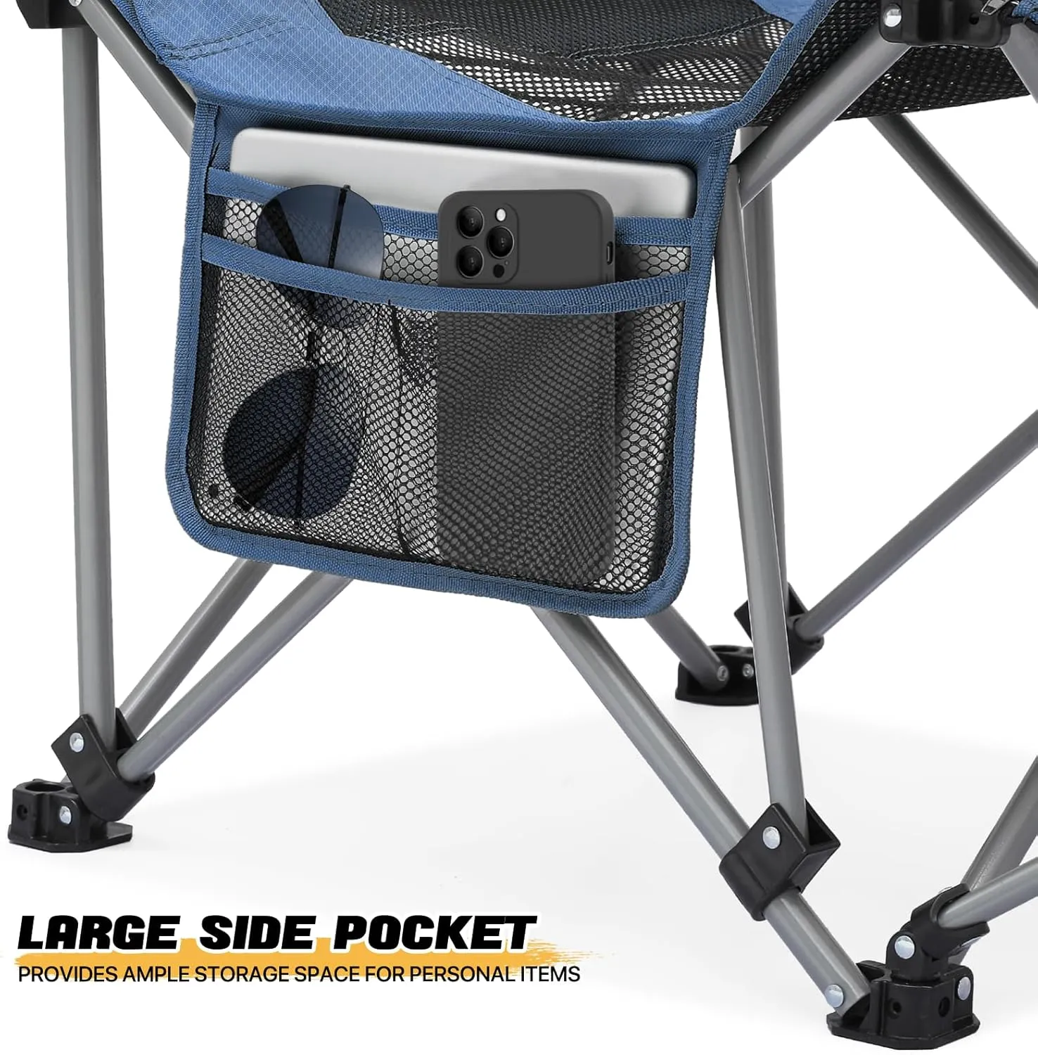 MoNiBloom Portable Folding Reclining Camping Chair with Foot Rest for Adults Outdoor Beach Hiking Fishing Lounge Recliner Mesh Camp Chair with Headrest Footrest Cup Holder Side Pocket (Steel Blue)
