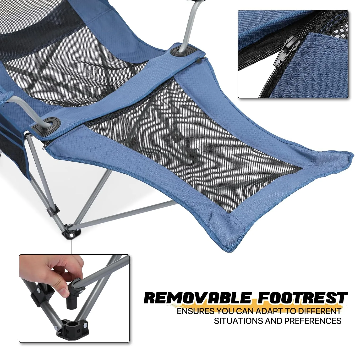 MoNiBloom Portable Folding Reclining Camping Chair with Foot Rest for Adults Outdoor Beach Hiking Fishing Lounge Recliner Mesh Camp Chair with Headrest Footrest Cup Holder Side Pocket (Steel Blue)