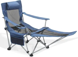 MoNiBloom Portable Folding Reclining Camping Chair with Foot Rest for Adults Outdoor Beach Hiking Fishing Lounge Recliner Mesh Camp Chair with Headrest Footrest Cup Holder Side Pocket (Steel Blue)