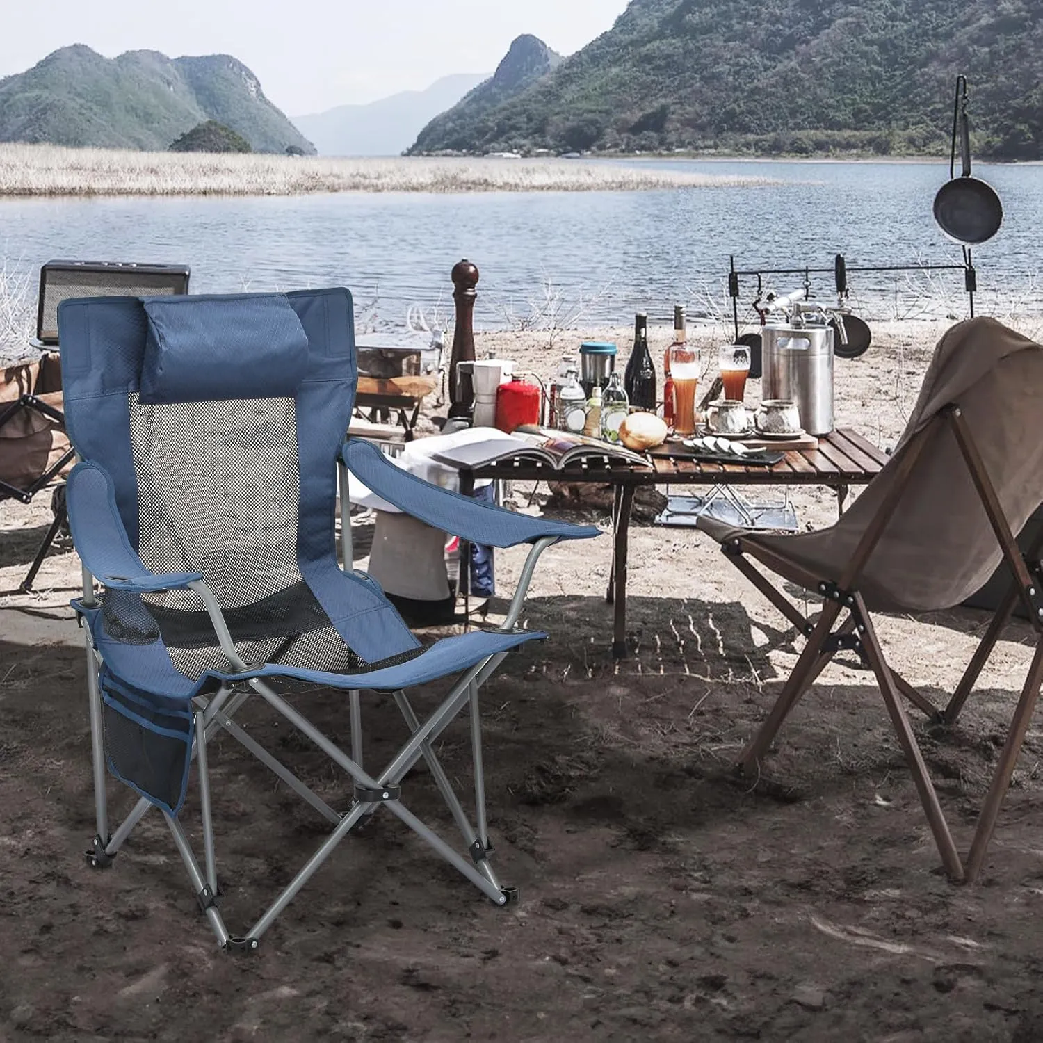 MoNiBloom Portable Folding Reclining Camping Chair with Foot Rest for Adults Outdoor Beach Hiking Fishing Lounge Recliner Mesh Camp Chair with Headrest Footrest Cup Holder Side Pocket (Steel Blue)