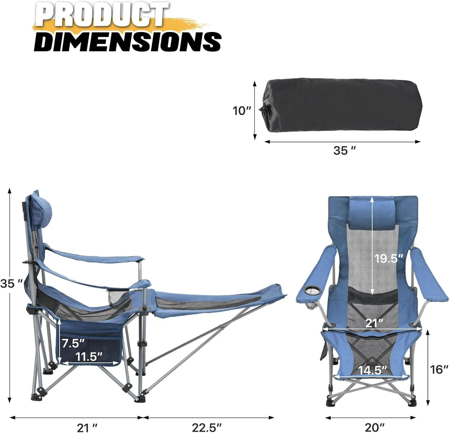 MoNiBloom Portable Folding Reclining Camping Chair with Foot Rest for Adults Outdoor Beach Hiking Fishing Lounge Recliner Mesh Camp Chair with Headrest Footrest Cup Holder Side Pocket (Steel Blue)