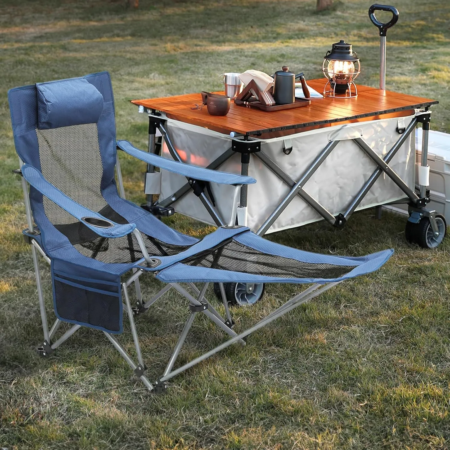 MoNiBloom Portable Folding Reclining Camping Chair with Foot Rest for Adults Outdoor Beach Hiking Fishing Lounge Recliner Mesh Camp Chair with Headrest Footrest Cup Holder Side Pocket (Steel Blue)
