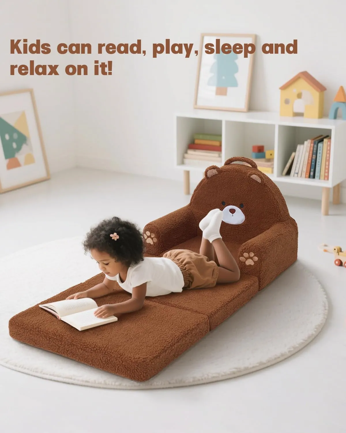 MOONBEEKI Cute Cartoon Animals Toddler Chair, 2-in-1 Flip Open Sherpa Foldable Kids Couch, Comfy Baby Chair for Girls and Boys (Medium)