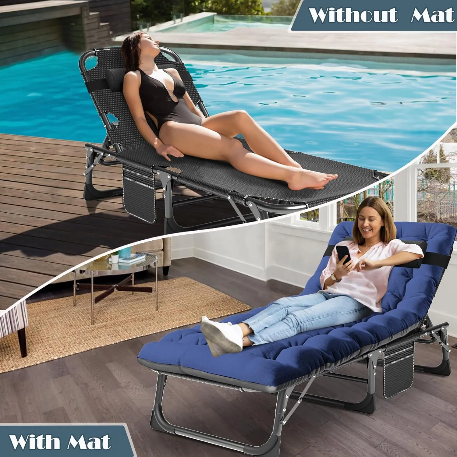 MOPHOTO Folding Chaise Lounge Chair 5-Position, Folding Cot, Heavy Duty Patio Chaise Lounges for Outside, Poolside, Beach, Lawn, Camping