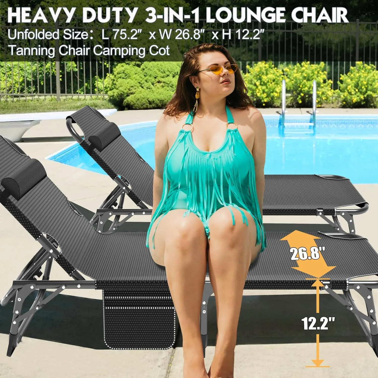 MOPHOTO Folding Chaise Lounge Chair 5-Position, Folding Cot, Heavy Duty Patio Chaise Lounges for Outside, Poolside, Beach, Lawn, Camping