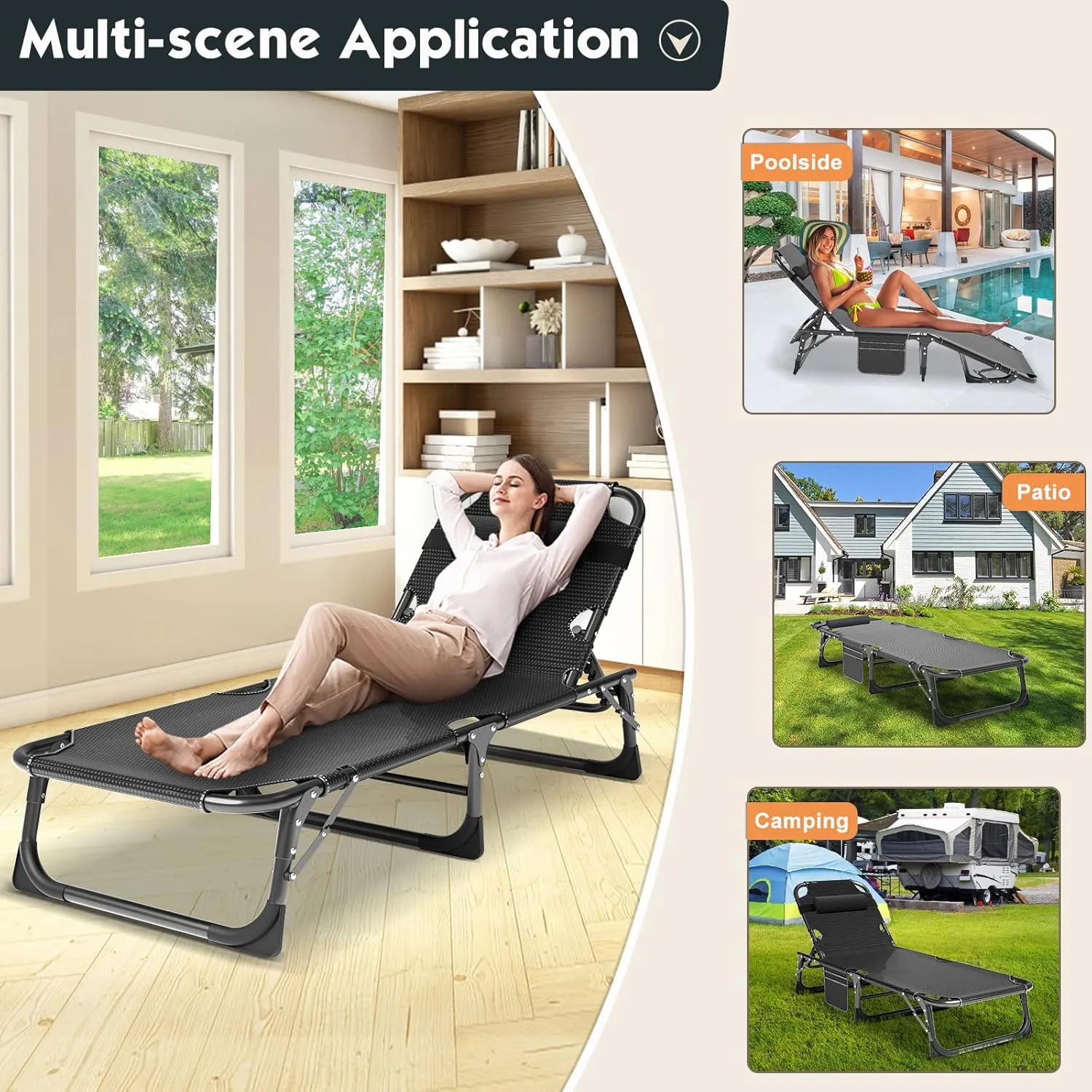 MOPHOTO Folding Chaise Lounge Chair 5-Position, Folding Cot, Heavy Duty Patio Chaise Lounges for Outside, Poolside, Beach, Lawn, Camping