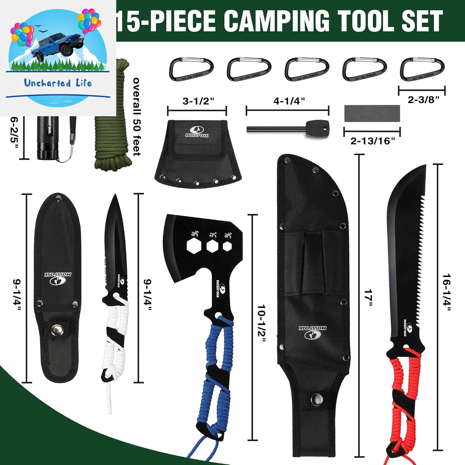 Mossy Oak 15-Piece Camping Tools Set – Survival Gear for Outdoors