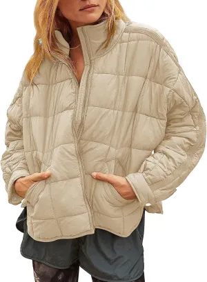 Muchpow Women's Lightweight Down Coat Long Sleeve Full Zipper Oversized Packable Short Puffer Jackets