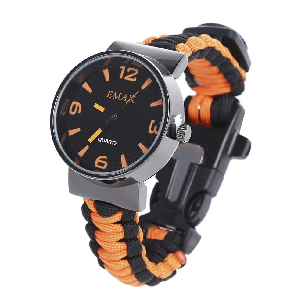 Multifunctional Survival Paracord Bracelet Watch with Compass Flint Fire Starter Scraper Whistle
