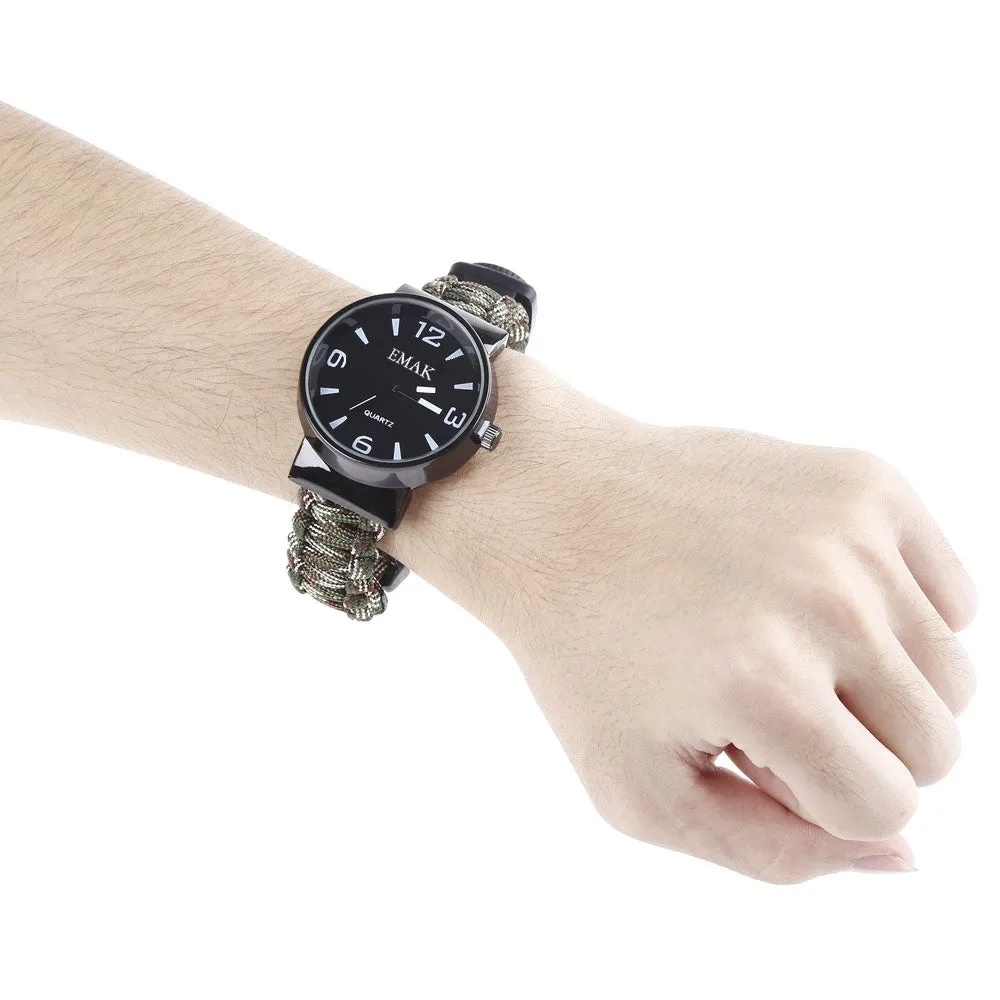 Multifunctional Survival Paracord Bracelet Watch with Compass Flint Fire Starter Scraper Whistle